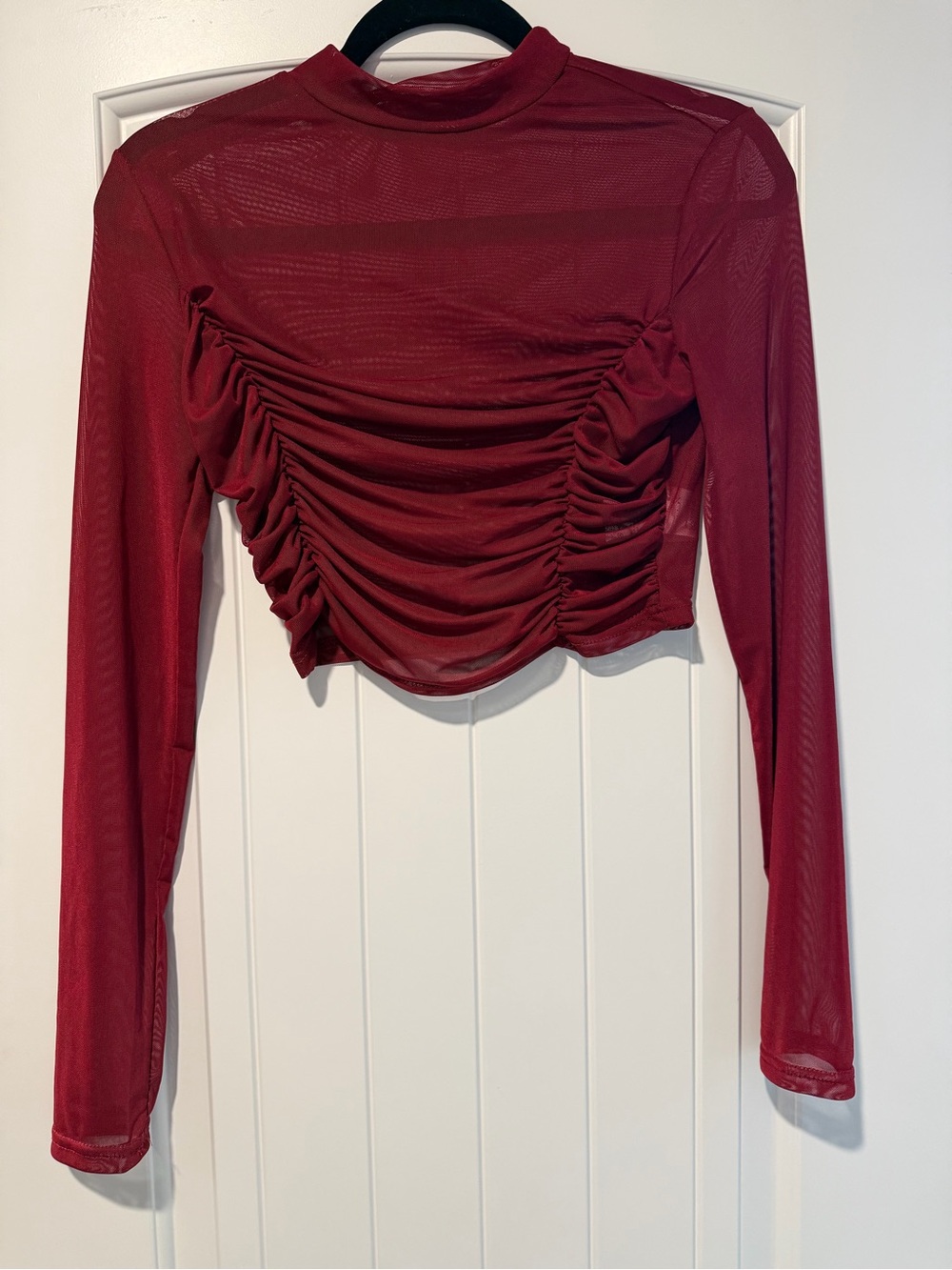 Ruched Long-Sleeve Crop Top in Burgundy